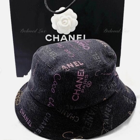 Authentic CHANEL Classic Logo Black Denim Bucket Hat 22p Medium - Picture 2 of 9